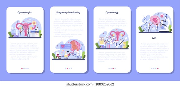 Juego de banners para aplicaciones móviles de ginecólogo. Médica de salud femenina, especialista en FIV. Comprobación de ovarios y útero. Seguimiento del embarazo y tratamiento de la enfermedad. Ilustración aislada en estilo de caricatura