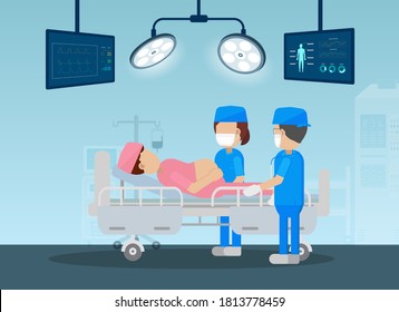 Gynecologist and nurse in delivery room flat design vector illustration