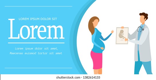 Gynecologist Office Flat Banner Vector Template. Pregnant Woman and Obstetrician Cartoon Character. Medical Supervision Illustration with Text Space. Doctor in White Coat Holding Embryo X ray Photo