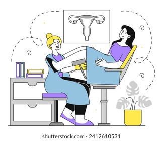 Gynecologist with patient linear. Woman in medical uniform with young girl. Diagnosis and treatment of female reproductive system. Health care and medicine, anatomy. Doodle flat vector illustration