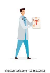 Gynecologist Profession Flat Vector Illustration. Male Doctor in White Coat Holding Uterus Image Cartoon Character. Physician, Obstetrician Occupation. Maternity Clinic, Gynecology, Health Care
