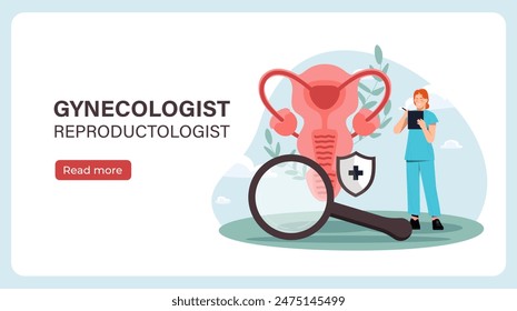 Gynecologist reproductologist poster. Woman in medical uniform with magnifying glass stands near uterus. Landing webpage design. Cartoon flat vector illustration isolated on white background