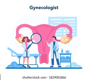 Gynecologist, reproductologist and women health concept. Human anatomy, ovary and womb. Pregancy monitoring and disease treatment. Isolated illustration in cartoon style