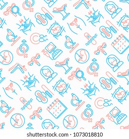 Gynecologist seamless pattern with thin line icons: uterus, ovaries, gynecological chair, pregnancy, ultrasound, sanitary napkin, test, embryo, menstruation, ovulation. Modern vector illustration.