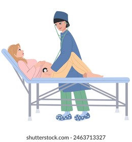 Gynecologist is taking care of pregnant women in the birthing center. Pregnant women at the maternity hospital. Cartoon illustration with a obstetrician and patient. Healthcare medical concept.