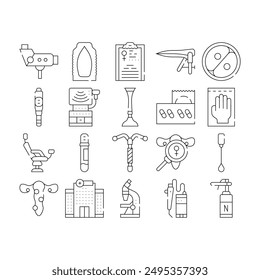 Gynecologist Treatment Collection Icons Set Vector. Gynecologist Colposcope And Stethoscope, Gynecological Suppositories And Chair Black Contour Illustrations