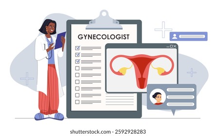 Gynecologist woman concept. Young girl in medical uniform near female reproductive system structure. Reproduction, ovulation and fertility. Anatomy and biology. Flat vector illustration