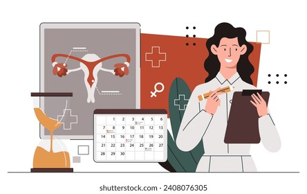 Gynecologist at workplace concept. Woman in medical uniform with scheme of female reproductive system. Anatomy and biology. Health care and medicine, treatment. Cartoon flat vector illustration