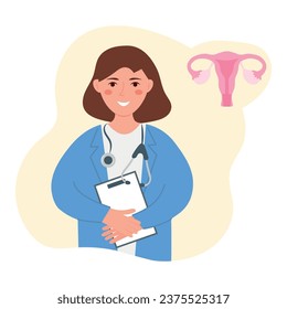 Gynecologist. A young doctor in a medical gown and an image of the female reproductive organs. Consultation with a gynecologist and reproductive specialist. Vector illustration.