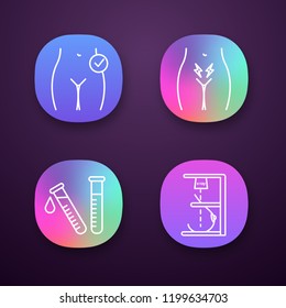 Gynecology app icons set. UI/UX user interface. Women’s health, menstrual cramps, laboratory test, mammography. Web or mobile applications. Vector isolated illustrations