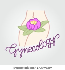Gynecology artistic symbol decorated with handwritten calligraphy, flower, leaves and female body, hips, waist, tummy. Medicine, health, woman. Vector isolated graphic design element and illustration