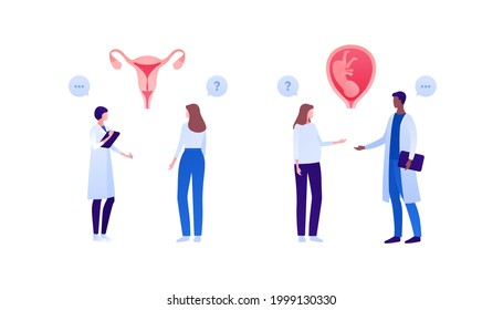 Gynecology checkup, pregnancy and prenatal healthcare concept. Vector flat people illustration. Doctor and patient appointment. Pregnant woman and gynecologist. Uterus, embryo and question symbol