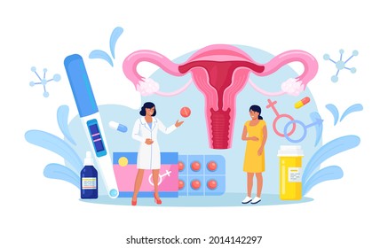 Gynecology checkup for women. Doctor gynecologist consult patient about fallopian tubes, ovary disease. Female reproductive system exam, treatment and therapy. Vector illustration