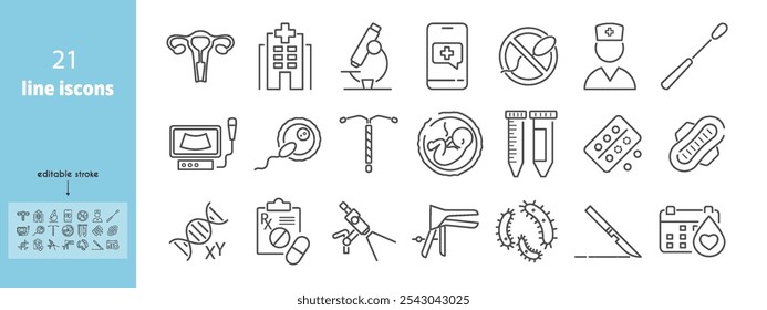 Gynecology clinic line icons set. Contraceptive coil, curette, speculum, embryo, ultrasound, menstruation calendar, sanitary pad, colposcope, women's health vector illustration. Editable Stroke