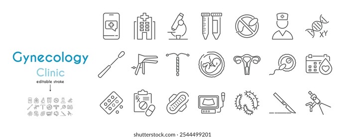 Gynecology clinic line icons set. Contraceptive coil, curette, speculum, embryo, ultrasound, menstruation calendar, sanitary pad, colposcope, women's health vector illustration. Editable Stroke