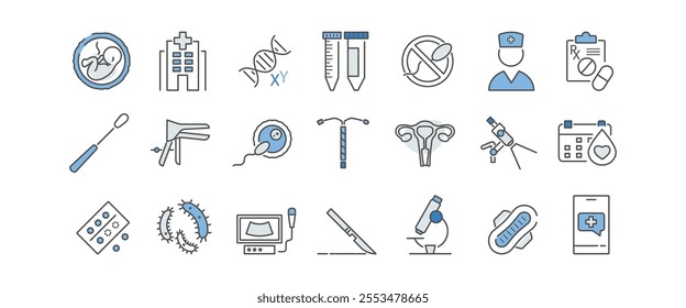 Gynecology clinic line icons set. Contraceptive coil, curette, speculum, embryo, ultrasound, menstruation calendar, sanitary pad, colposcope, women's health vector illustration. Editable Stroke