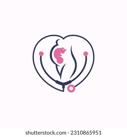 gynecology clinic mom and baby pregnancy logo design. Vector illustration mom and baby pregnancy and stethoscope. Modern logo design vector icon template