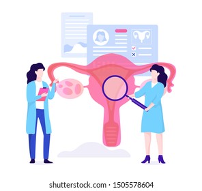 Gynecology concept. Doctor gynecologist, female consultation. Reproductive system exam and treatment. Vector illustration in flat style