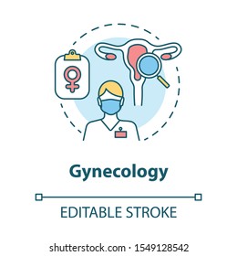 Gynecology concept icon. Women healthcare idea thin line illustration. Gynaecologist, doctor. Female reproductive system, fertility. Vector isolated outline drawing. Editable stroke