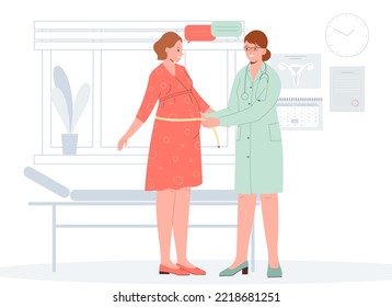 Gynecology doctor do check up of pregnant woman during appointment in clinic. Doctor measuring pregnant woman belly with tape. Healthy pregnancy concept