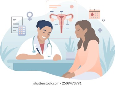 Gynecology doctor with patient flat color illustration. Woman consultation with gynecologist. OB GYN office, medical icons isolated on white background. Healthcare banner infographic concept.	