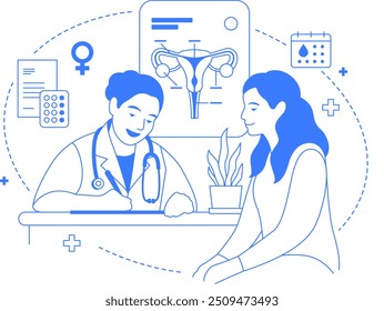 Médico de ginecologia com paciente uma ilustração de cor. Consulta da mulher com ginecologista. Escritório OB GYN, ícones de arte de linha médica isolados. Conceito infográfico de banner da área de saúde com traço editável.