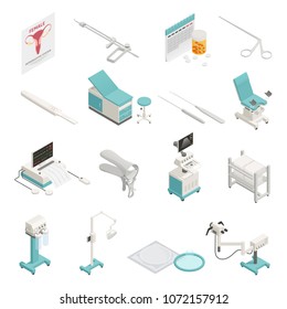 Gynecology equipment and instruments isometric icons set isolated on white background 3d vector illustration