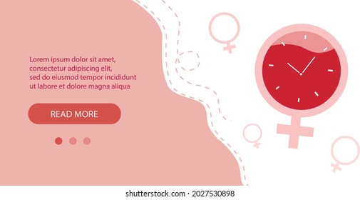 Gynecology estrogen hormone level banner filled blood and clocks inside. Concept of woman menstruation period, pregnancy or menopause. Medical, healthcare and feminine concept. Vector, place for text.