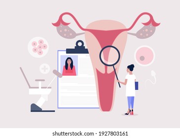 Gynecology and female health concept. Young woman checks ovary and womb. Colorful flat vector illustration