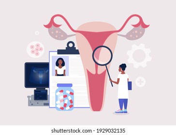 Gynecology and female health concept. Young woman checks ovary and womb. Colorful flat vector illustration