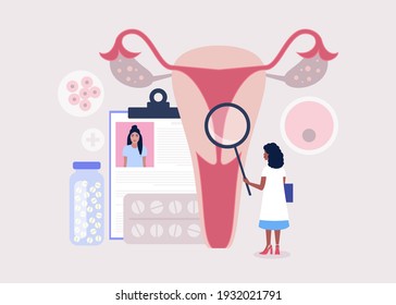 Gynecology and female health concept. Young woman checks ovary and womb. Colorful flat vector illustration