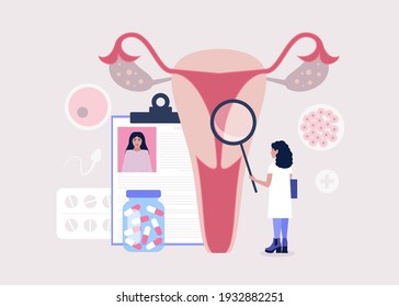 Gynecology and female health concept. Young woman checks ovary and womb. Colorful flat vector illustration