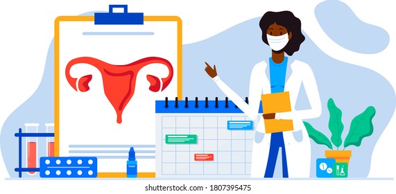 Gynecology, Female Health. Uterus, Ovary And Womb. Endometriosis, Endometrium Dysfunctionality, Endometriosis Concept. Doctor Make Uterus Examination. For Banner, Web Page. Birth Control Pills.