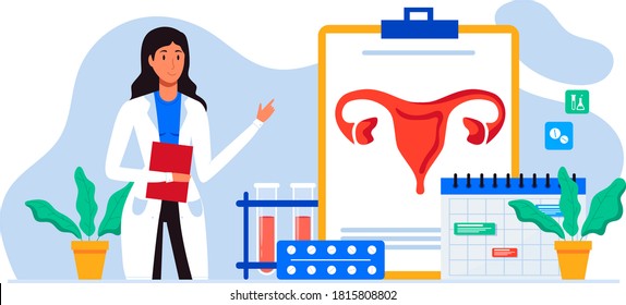 Gynecology, Female Health. Uterus, Ovary And Womb. Endometriosis, Endometrium Dysfunctionality, Endometriosis Concept. Doctor Make Uterus Examination. For Banner, Web Page. Birth Control Pills.