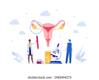 Gynecology and female reproductive system research concept. Vector flat medical people illustration. Doctor and scientist team. Magnifier glass, microscope, medicine. Design for healthcare, science.