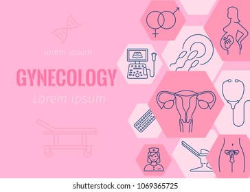 Gynecology flat banner with line icons of pregnancy and childbirth obstetrics fetus symbol diagnostic equipment medical tools dna vector illustration. Isolated on pink background. Place for text