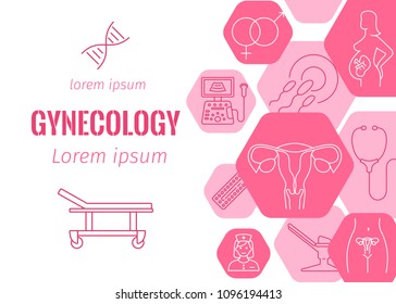 Gynecology flat banner with line icons of pregnancy and childbirth obstetrics fetus symbol diagnostic equipment medical tools dna vector illustration. Isolated on pink background. Place for text