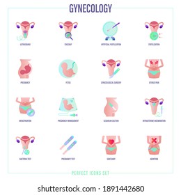 Gynecology Flat Gradient Icons Set. Ultrasound, Artificial Fertilization, Pregnancy, Fetus, Gynecological Surgery, Menstration, Cesarian Section, Intrauterine Insemination. Vector Illustration