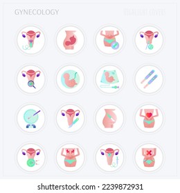 Gynecology flat gradient icons set. Ultrasound, artificial fertilization, pregnancy, fetus, menstration, cesarian section, intrauterine insemination. Highlights for stories. Vector illustration