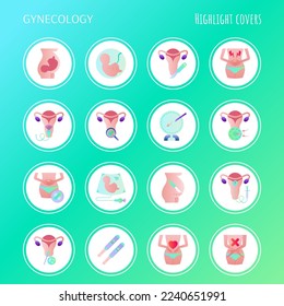 Gynecology flat gradient icons set. Ultrasound, artificial fertilization, pregnancy, fetus, menstration, cesarian section, intrauterine insemination. Highlights for stories. Vector illustration