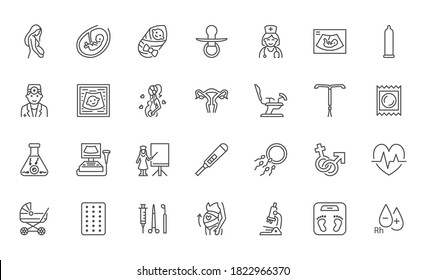 Gynecology flat line icons set. Pregnancy test, baby ultrasound, obstetrics doctor, embryo in uterus, infertility, ivf vector illustrations. Outline signs pregnant woman health, hospital infographic.