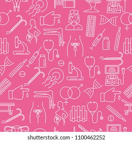 Gynecology flat poster with line icons of pregnancy and childbirth obstetrics diagnostic equipment medical tools vector illustration. Gynecology frame concept. Place for text
