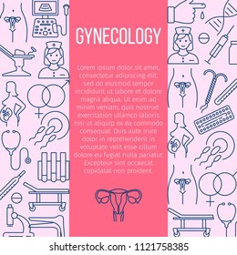 Gynecology flat poster with line icons of pregnancy and childbirth obstetrics diagnostic equipment medical tools vector illustration. Gynecology frame concept. Place for text