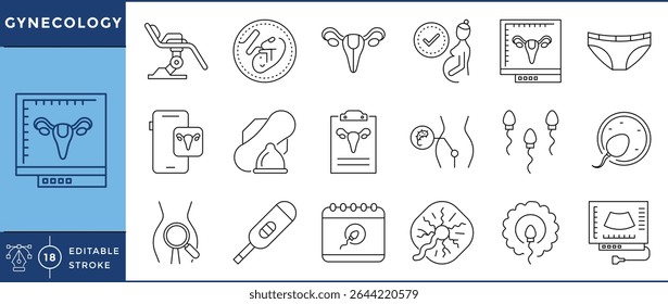 Gynecology icons set. 18 line icons. Vector editable stroke. Mensural, female, report, pregnant, health, care, sperm.