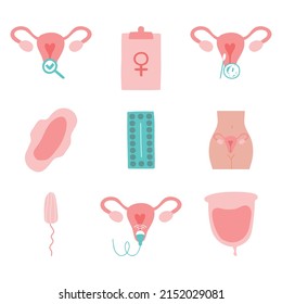 Gynecology icons set. Ultrasound, check up, gynecological surgery, birth control pills, menstruation, intrauterine device.