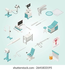 Gynecology Isometric elements Set infection expecting infertility checkup symptom consulting diagnostic therapy wellness health care obstetrician prenatal