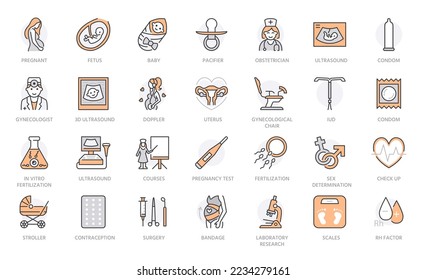 Gynecology line icons set. Ultrasound, fertility, fetus, newborn baby, gynecologist, doppler, condom, stroller vector illustration. Outline signs about pregnancy. Grey orange color Editable Stroke