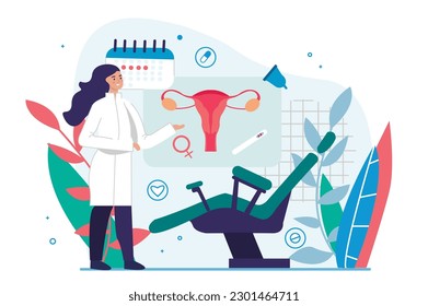 Gynecology medicine concept with people scene in the flat cartoon design. The gynecologist is waiting for the next patient in his office. Vector illustration.