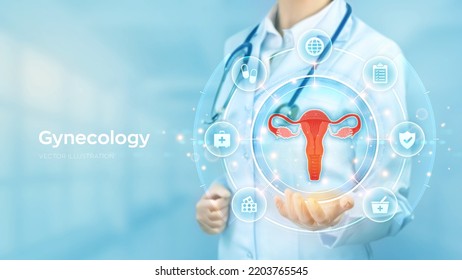 Gynecology Medicine Concept. Women's Health. Doctor Holding In Hand The Hologram Of Female Reproductive System And Medical Icons Network Connection On Virtual Screen. Vector Illustration.