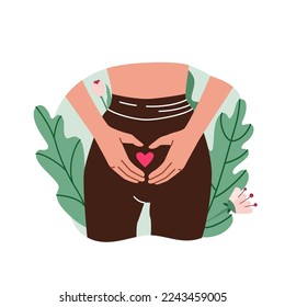 Gynecology, menstruation period concept of woman genital health vector illustration. Young woman wearing pants, girl folding heart by her hands in front of the uterus.